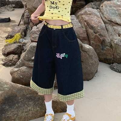 GTGA 美式复古街头格纹拼接牛仔七分裤男女夏季显瘦百搭阔腿短裤