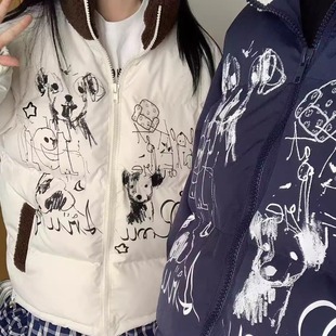 保暖面包服外套男女 拼色涂鸦印花加厚立领棉服情侣冬季 GTGA 美式