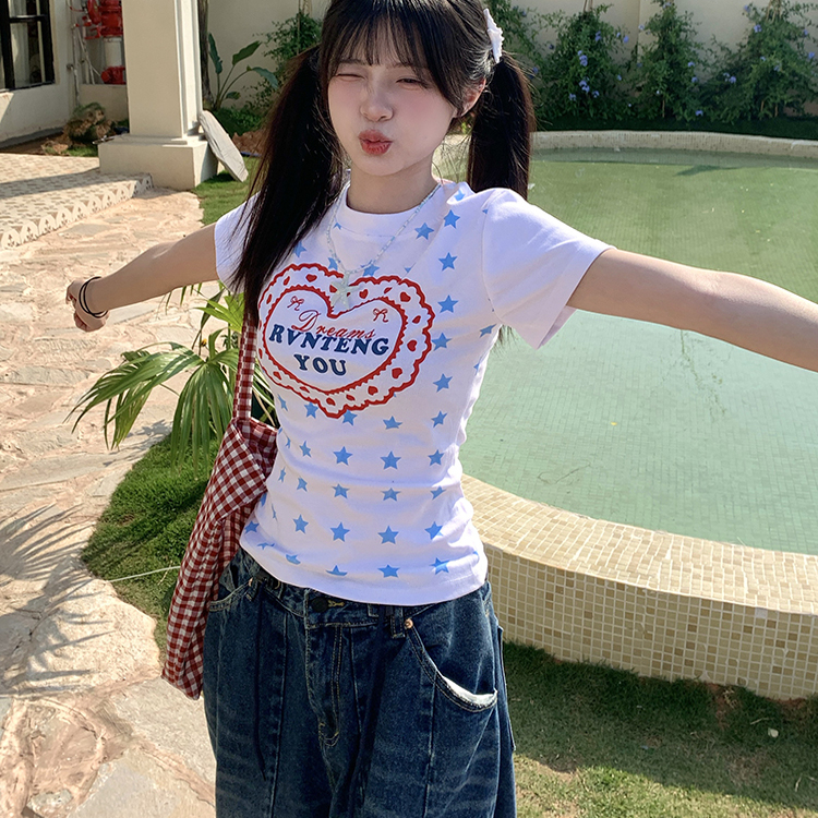 GTGA 夏季美式辣妹爱心星星满印短袖T恤女正肩显瘦修身收腰小个子