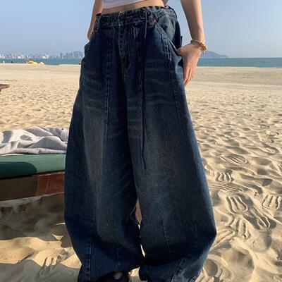GTGA2025春夏美式复古做旧水洗蓝色牛仔裤阔腿男女宽松拖地长裤