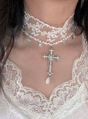 纯欲风蕾丝十字架流苏项链女高级