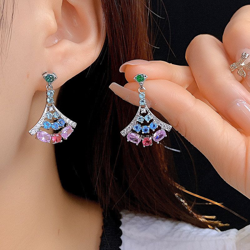 小众设计彩色锆石扇形耳环复古