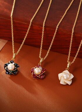 创意设计碎贝山茶花滴油项链高级