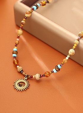 美拉德风天然石太阳花吊坠项链