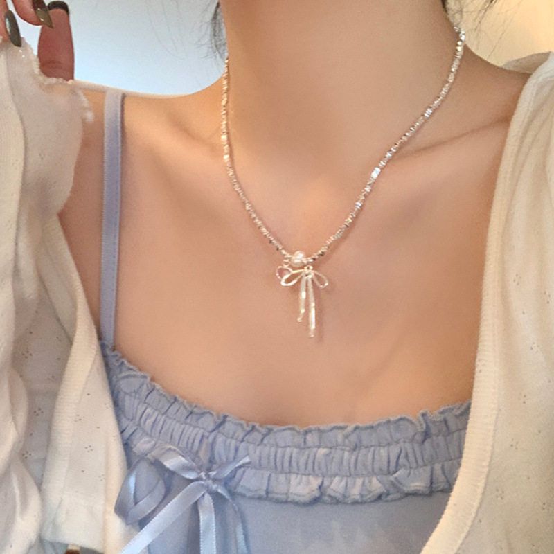 碎银子金属蝴蝶结爱心珍珠项链