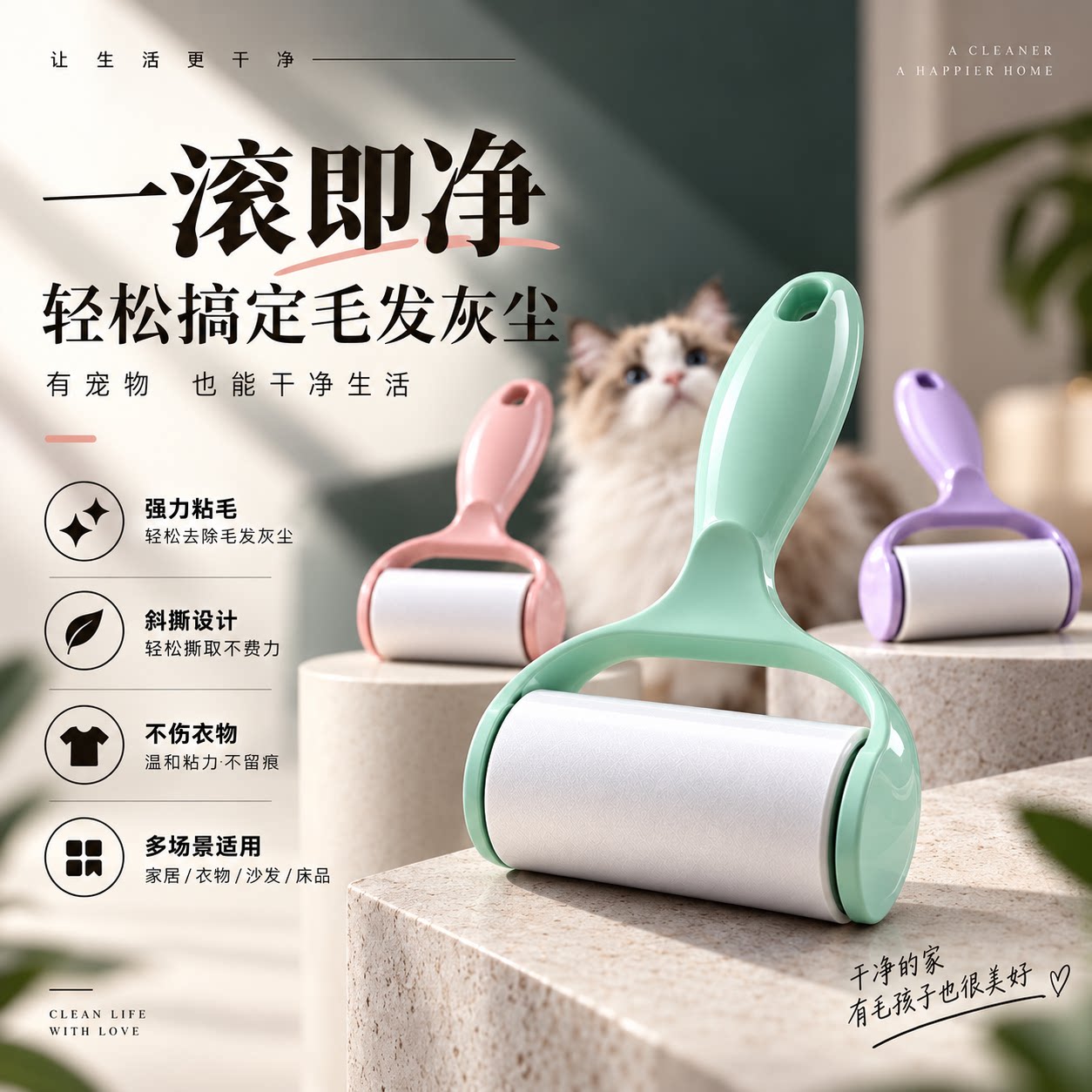 可撕式粘毛滚家居宠物除毛器衣物去毛刷强力粘尘纸滚刷衣物除毛器