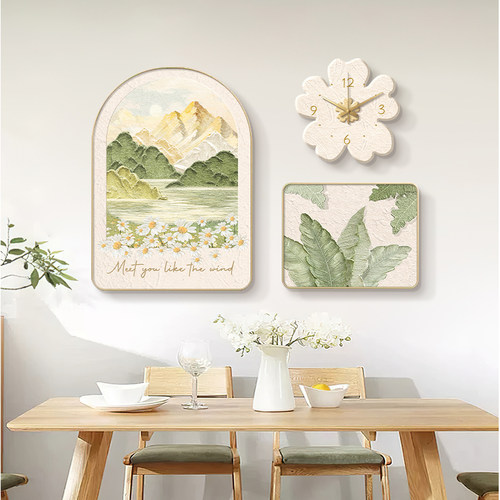 原木奶油风餐厅装饰画带钟表风景饭厅餐桌挂画小清新花卉客厅壁画