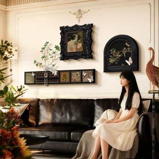 法式复古客厅装饰画吉象如意沙发背景墙卧室挂画中古风黑色壁画