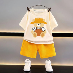 新款童装夏季儿童套装休闲宽松衣服男童短袖华夫格宝宝夏季