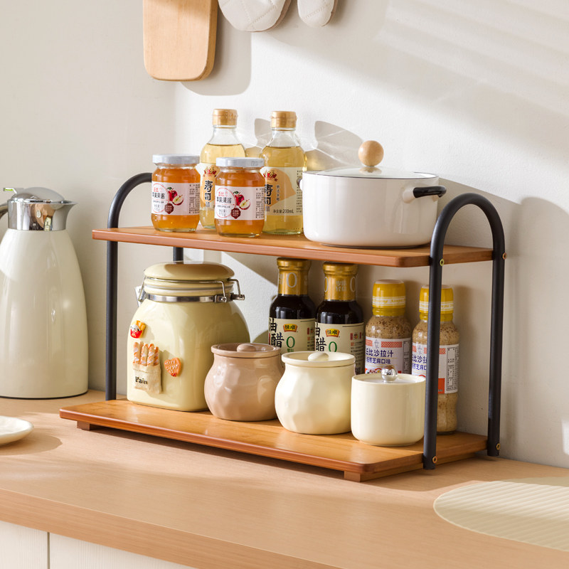 厨房调料品置物架台面免打孔实木双层调味品调味料杯子用品收纳架