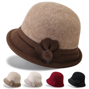 保暖老人中老年帽子女秋冬季妈妈加厚盆帽奶奶老太太毛呢渔夫帽子