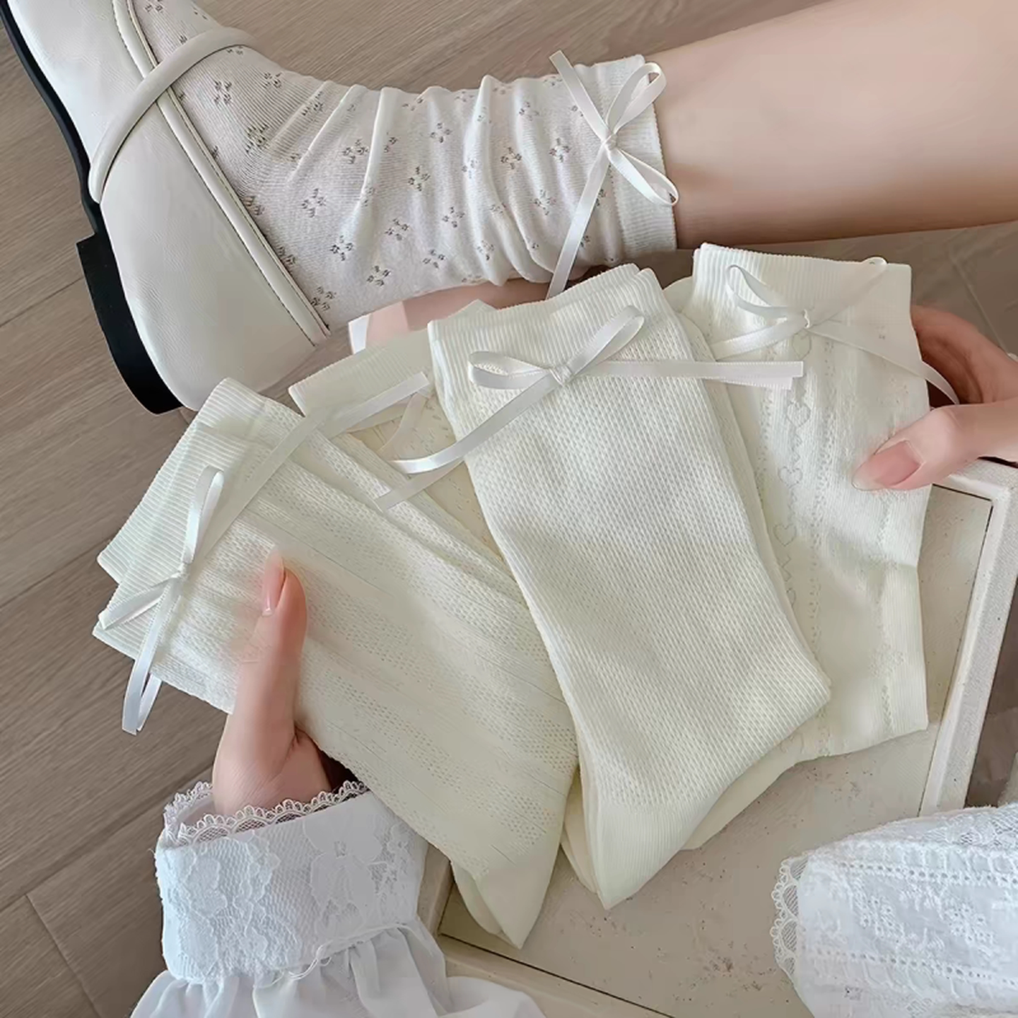蝴蝶结白色甜美袜子镂空女中筒夏季薄款日系jk夏天堆堆芭蕾风丝袜