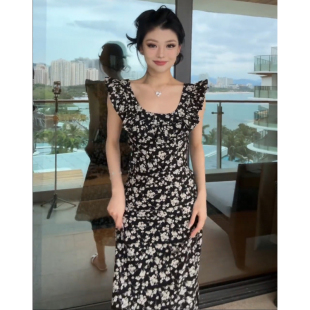 高级感气质收腰长裙 茶歇法式 小飞袖 黑色碎花连衣裙女2025夏季 新款