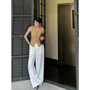 白色抗皱天丝纯亚麻阔腿裤 女2025夏薄款 小个子新款 宽松休闲直筒裤