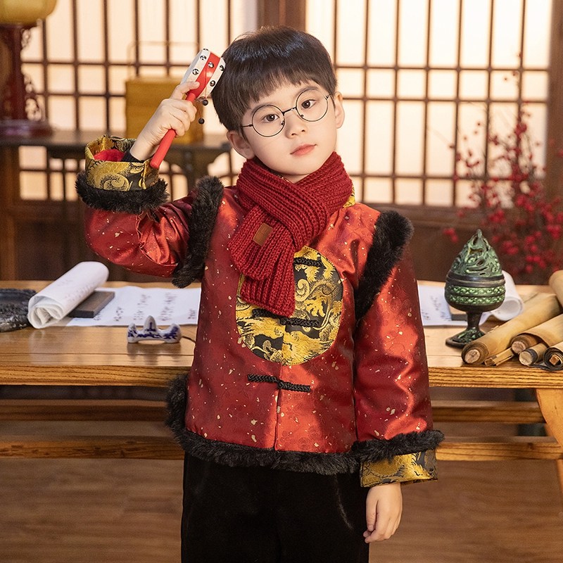 汉服男童冬款龙年拜年服儿童中国风唐装加绒套装冬季男孩过年衣服