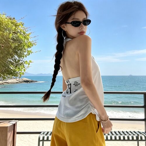 大码胖MM辣妹风挂脖露背白色无袖背心女春夏性感显露内搭叠穿上衣