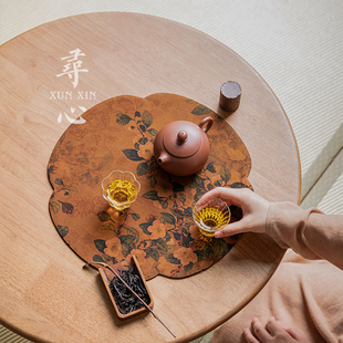 香云纱双面茶席家用禅意圆形干泡席茶垫防水隔热桌旗茶台 寻心中式