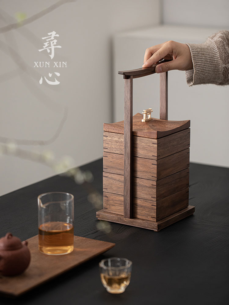 寻心黑胡桃实木覆古手提盒中式食盒茶点提篮便携茶盒收纳多层礼盒