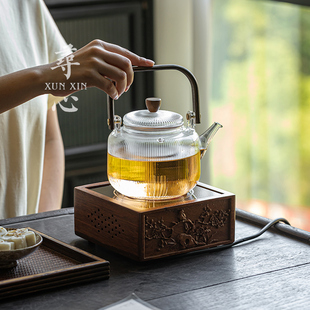 寻心胡桃木电陶炉家用小型煮茶器室内玻璃烧水壶蒸煮茶壶功夫茶具