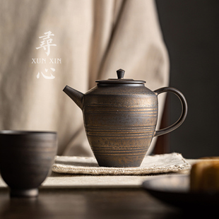 手工粗陶仿古鎏金茶壶复古素然壶家用陶瓷泡茶壶功夫茶具 寻心中式