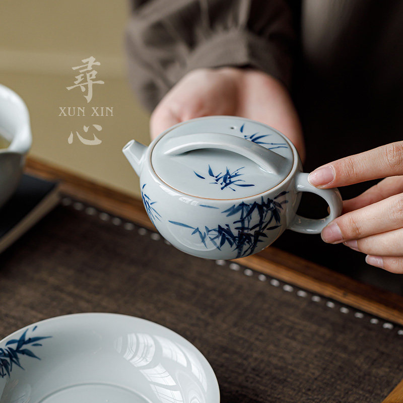 寻心仿古釉手绘蓝竹泡茶壶功夫茶具陶瓷家用汉瓦壶带过滤孔沏茶壶