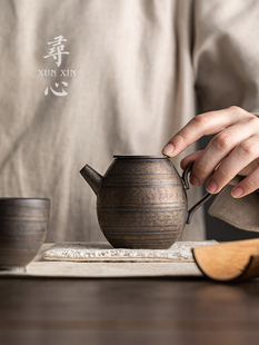 寻心覆古手作平盖壶新中式陶瓷冲茶器鎏金铁锈单壶个人茶具泡茶壶