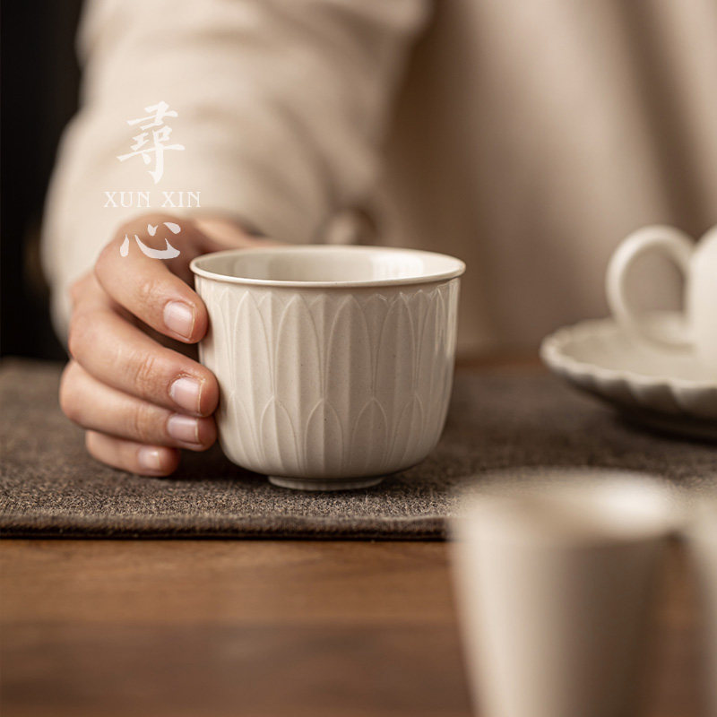 寻心中式草木灰陶瓷百叶主人杯品茗杯家用复古个人专用泡茶杯单杯,餐饮具,茶杯,淘宝优惠券,粉丝福利购,淘宝优惠卷