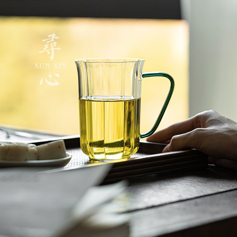 寻心喝茶专用玻璃绿茶杯泡茶水杯女士花茶杯带把手家用耐高温杯子