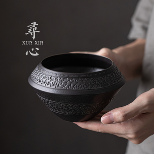 复古陶瓷茶杯洗家用古黑鎏银水盂茶渣缸茶道配件 手工跳刀建水中式