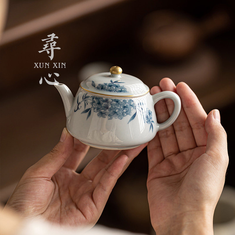 寻心复古纯手绘青花明炉壶陶瓷茶壶中式过滤泡茶壶家用功夫茶具