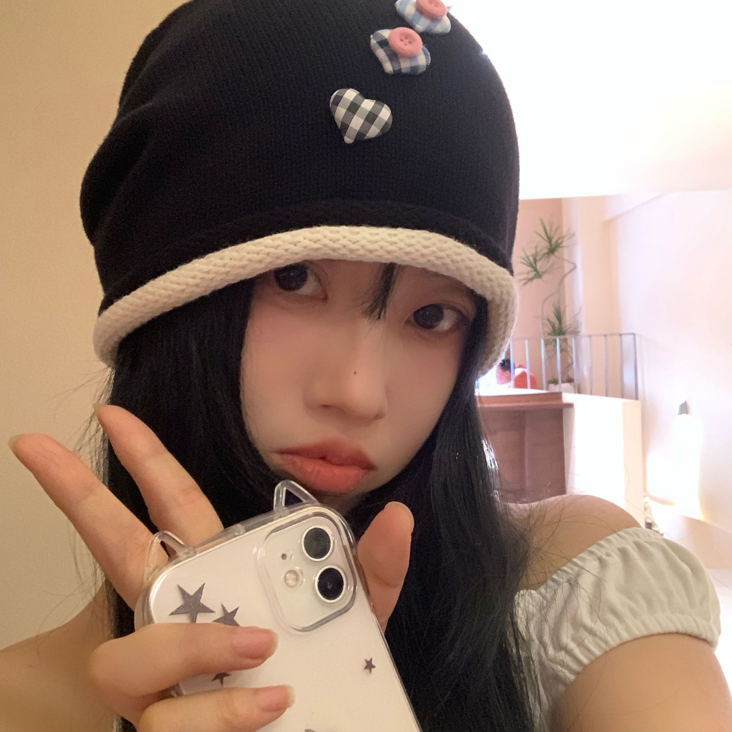 纽扣黑色包头帽女2025薄款针织套头帽子显脸堆堆帽冷帽