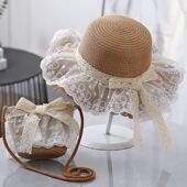 儿童夏季 太阳草帽遮阳防晒小女孩公主蕾丝帽大帽檐带绳亲子帽包包