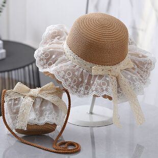 儿童夏季太阳草帽遮阳防晒小女孩公主蕾丝帽大帽檐带绳亲子帽包包