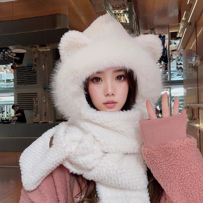 新款女秋冬帽子围巾手套三件套毛绒防风护耳帽卡通小熊加厚保暖帽