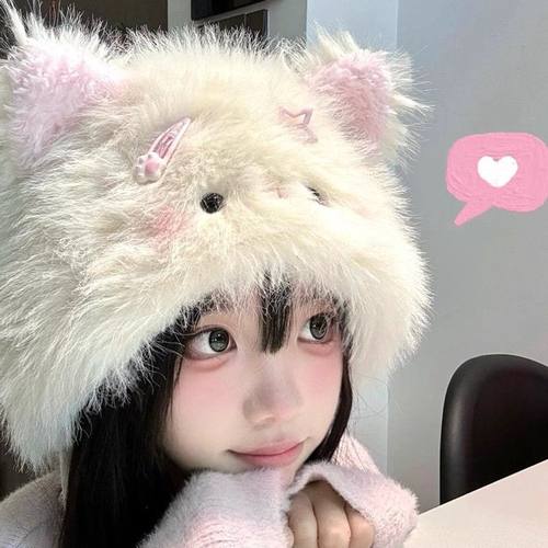 秋冬2025新款猫咪毛绒帽女耳朵帽子围巾一体舒适保暖防寒护耳帽脖