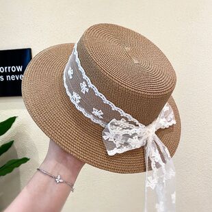 平顶草帽夏天出游遮阳沙滩帽子草编防晒甜美气质蕾丝蝴蝶结礼帽