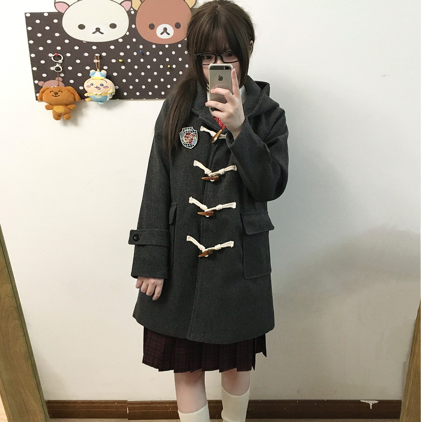 秋柚语原创Jk冬野韩系学院风连帽毛呢大衣女牛角扣加厚外套小个子