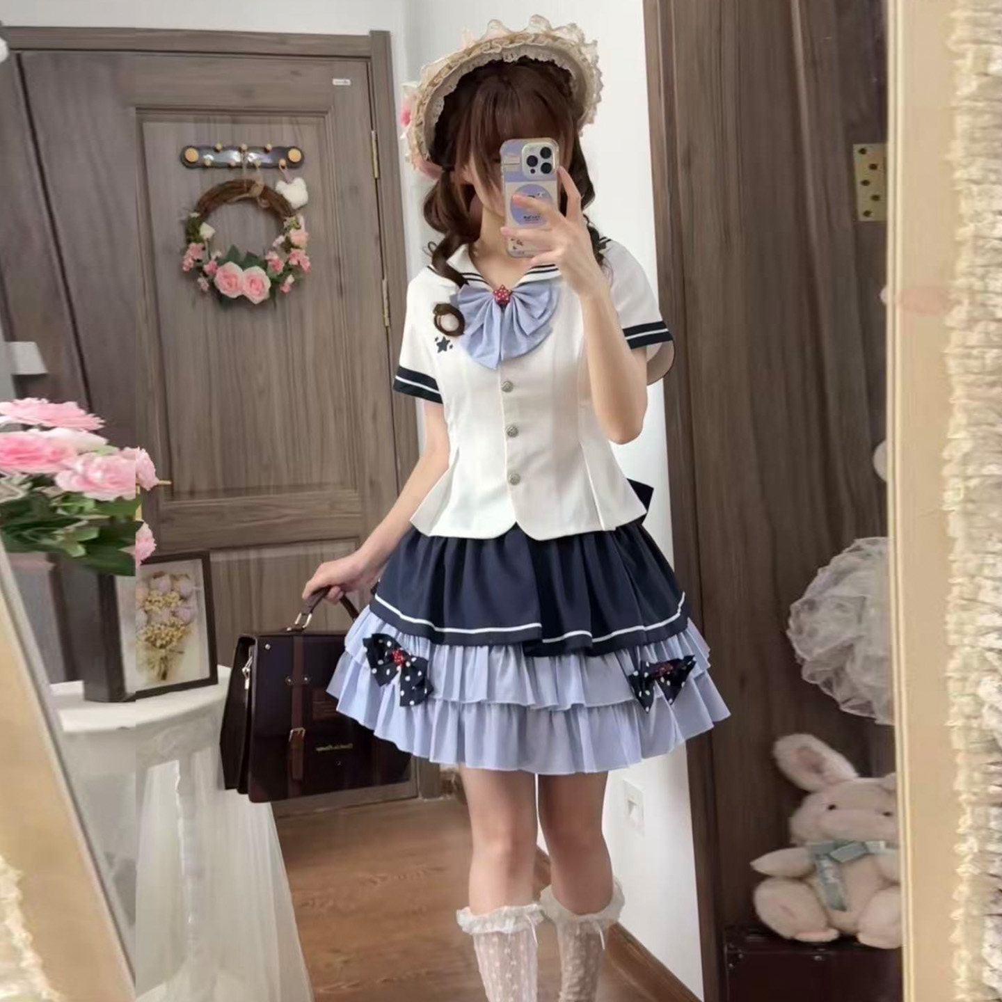 甜美海军领JK制服蝴蝶结套装