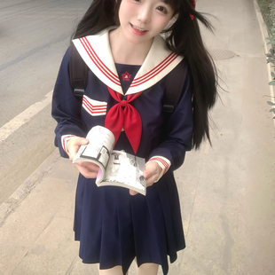 原创jk制服套装【青樱】正版日系中间服收腰款绀色jk水手服百褶裙