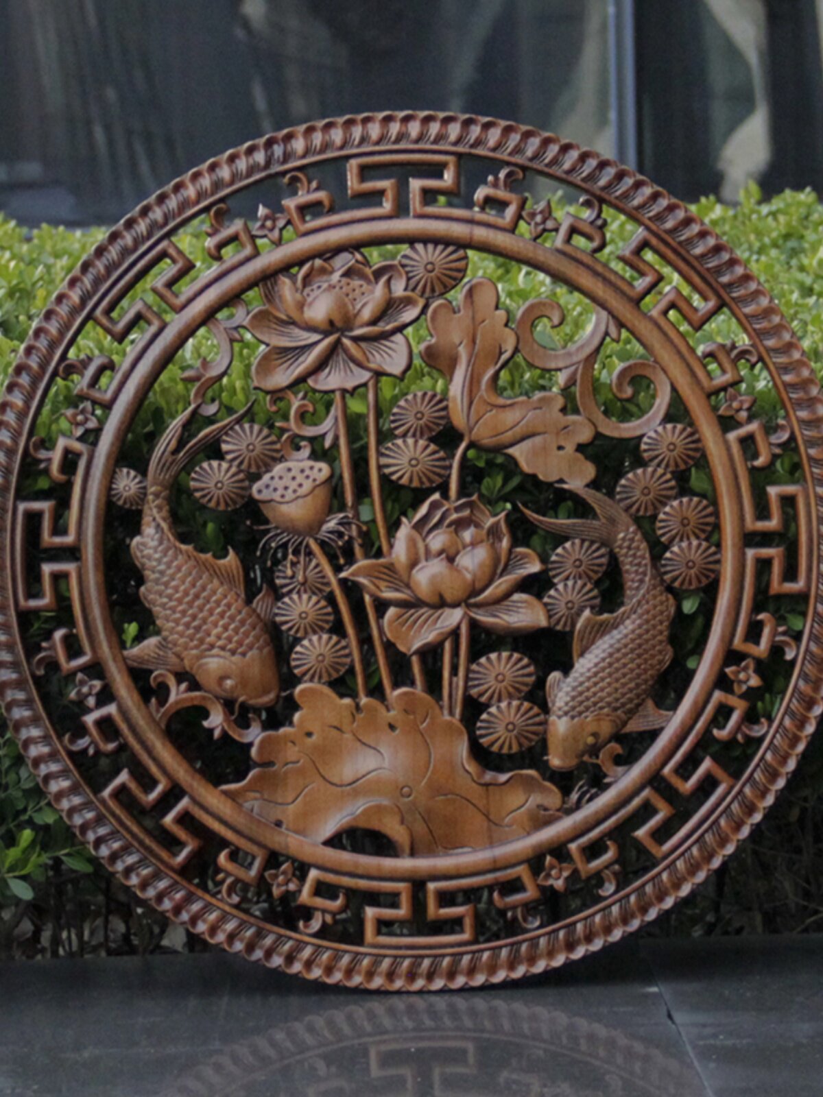 东阳木雕中式客厅玄关茶楼装修背景挂件实木连年有余圆形雕花壁挂