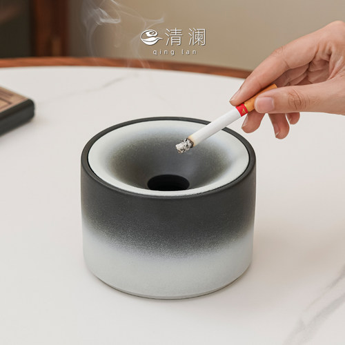 清澜粗陶漏斗式烟灰缸带盖防飞灰