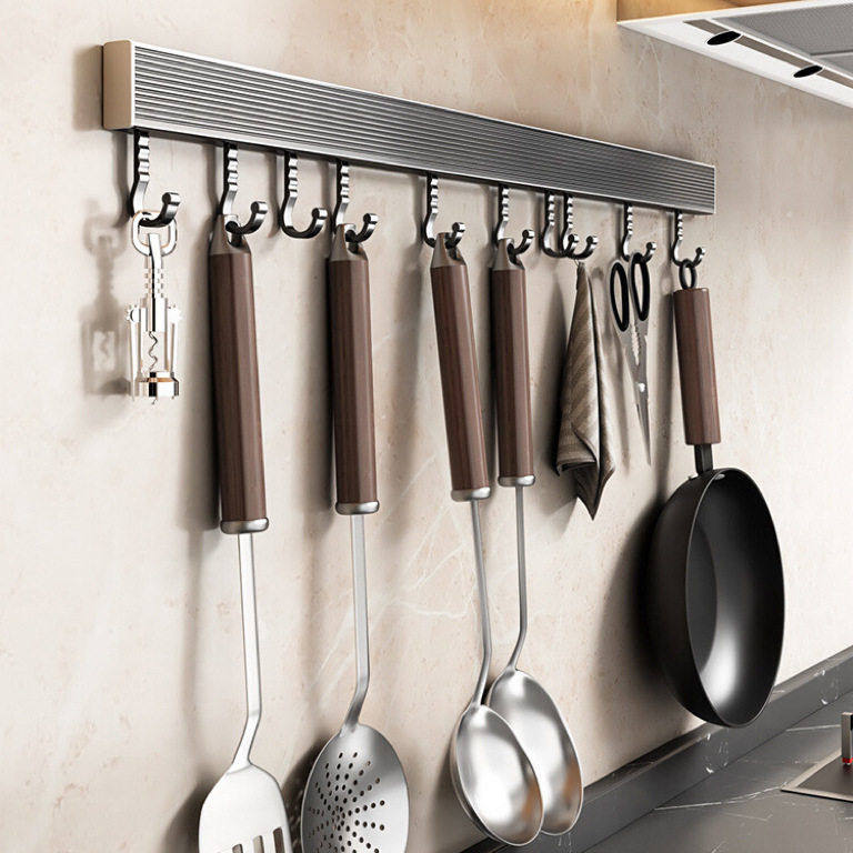 厨房挂钩免打孔挂架挂杆壁挂勺子铲置物架墙上收纳活动排钩太空铝