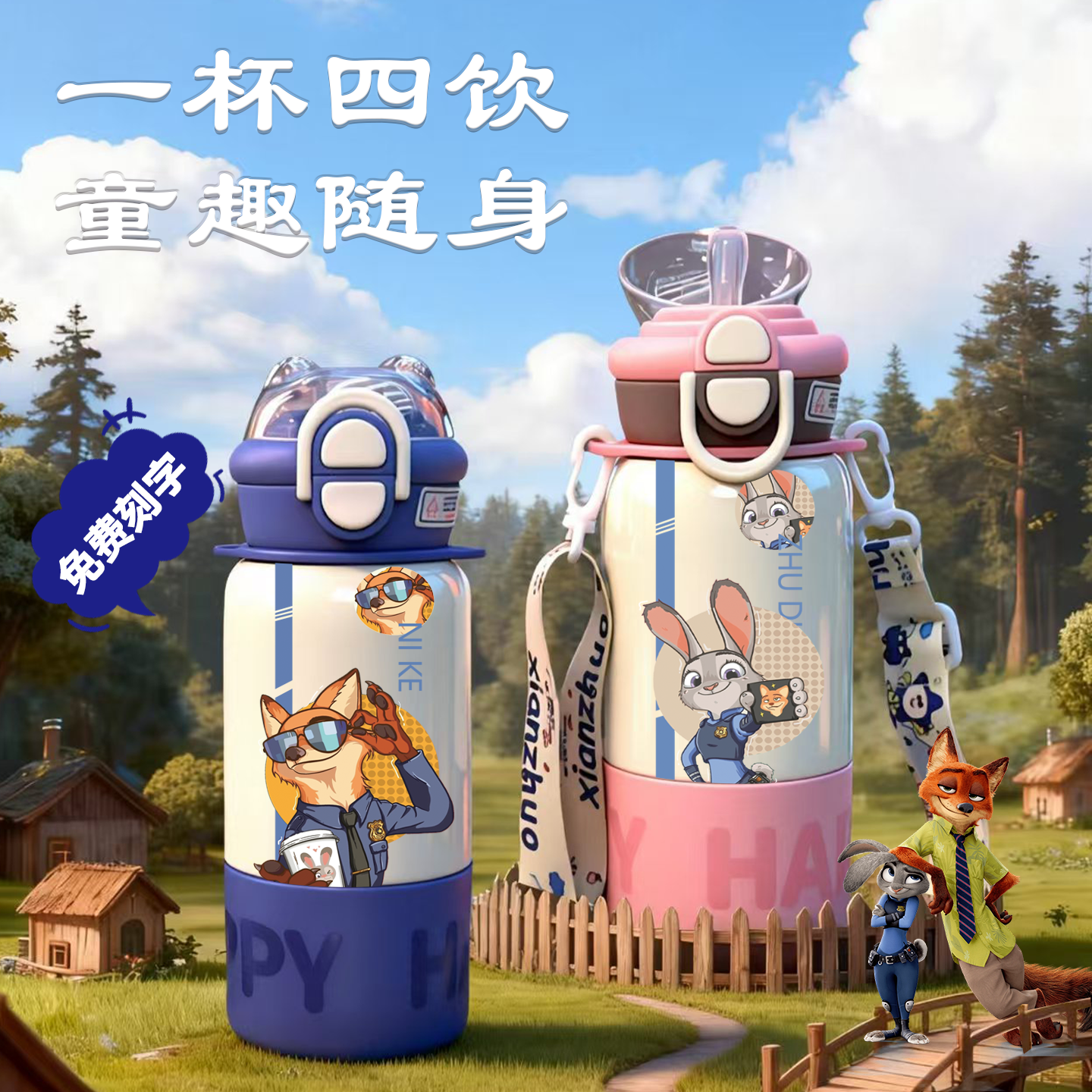 疯狂动物城保温杯儿童2025新款水杯学生上学周边吸管杯子兔子警官