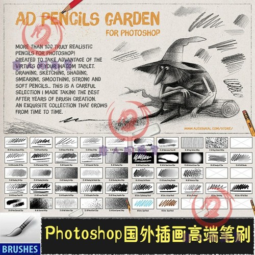 PS高端BRUSH笔刷 铅笔彩铅炭笔素描CG笔刷套装压感绘画笔预设