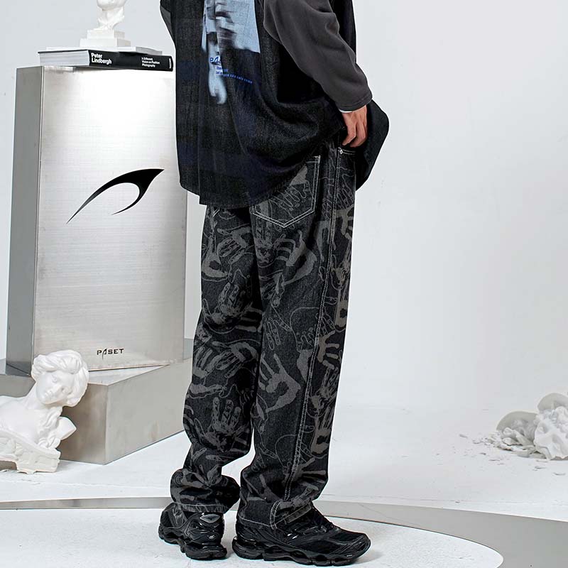 PASET手掌印花黑色高街牛仔裤