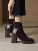 巨舒服真皮厚底粗跟拼接短筒时装 靴女秋冬新款 后拉链磨砂高跟短靴