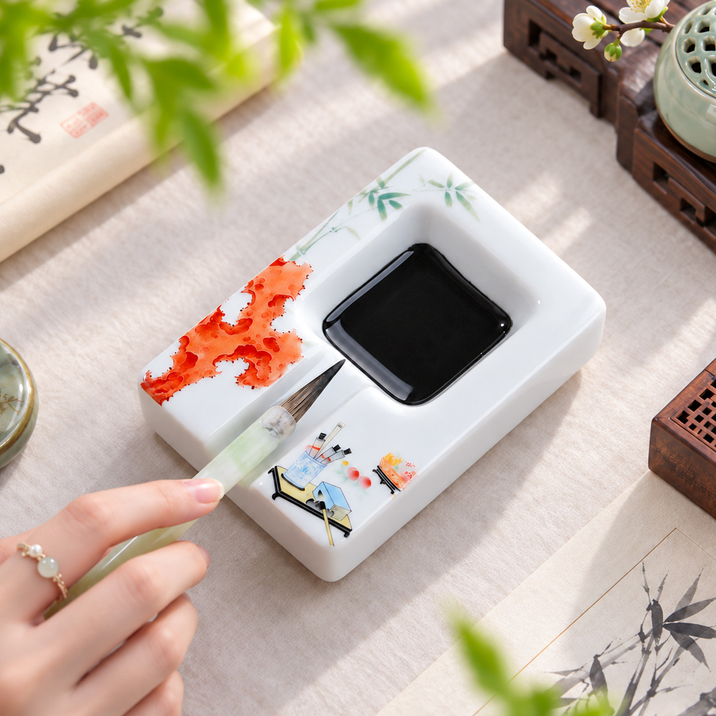 墨染丹石陶瓷墨盒墨碟墨盘多功能笔搁墨笔洗书法用品文房四宝砚台学生练字盛墨汁专用国画小水碟镇尺印泥盒