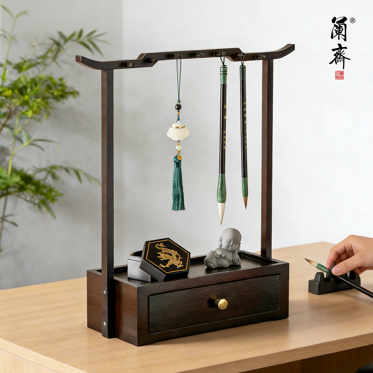 毛笔挂架毛笔架文房四宝摆件书法收纳架挂毛笔的笔架托实木新中式多功能收纳置物架学生用楠竹笔挂