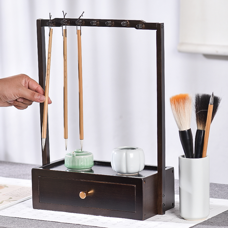 抽屉式笔挂竹楠木笔架多功能笔毛笔专用挂架展示架收纳盒毛笔架子