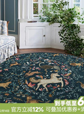 楼兰美惠 法式蓝色花枝纹中古圆形地毯客厅衣帽间防水0甲醛波斯毯